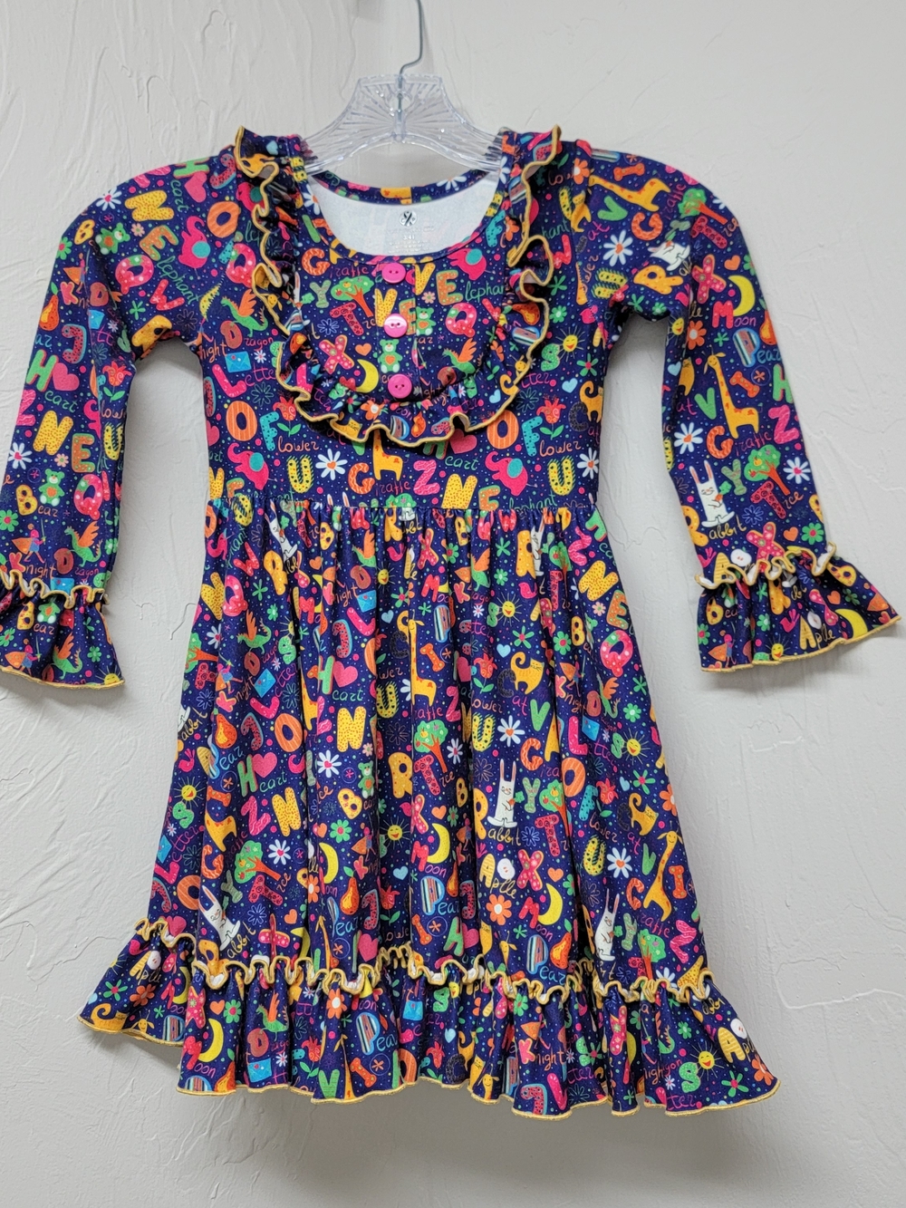 Charlies Project Kids School Alphabet Ruffle Pockets Twirl Dress Girls 3/4T